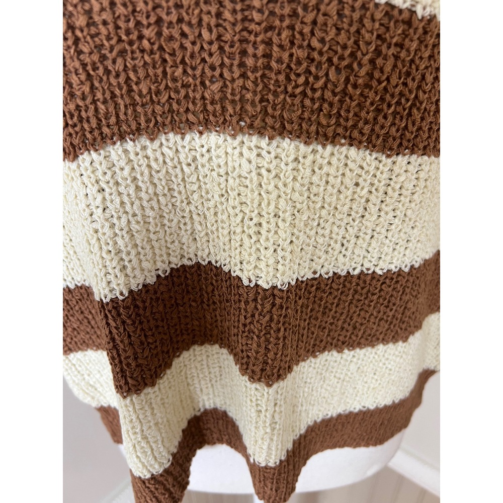 Zenana Striped Loose Knit V-Neck Sweater Brown Cream Short Sleeve S/M - Picture 4 of 11